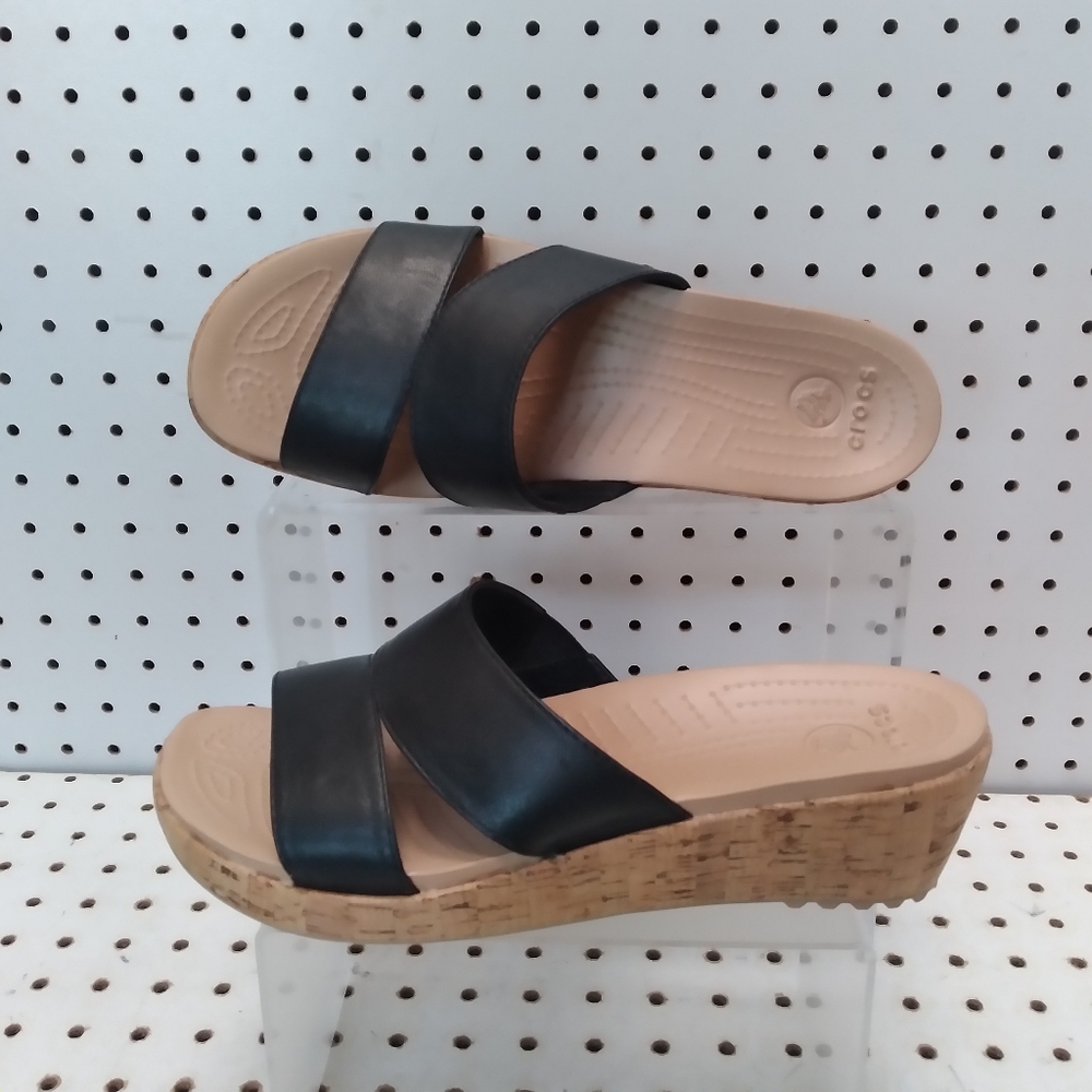 Crocs | Black Sandals | Women's Leather Strap Comfort Low Wedge Cork Heel Slide